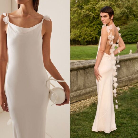 NWT Cult Gaia Nymeria Stretch-Silk 3D Floral Open Back Gown Off White Size XS - Picture 2 of 12